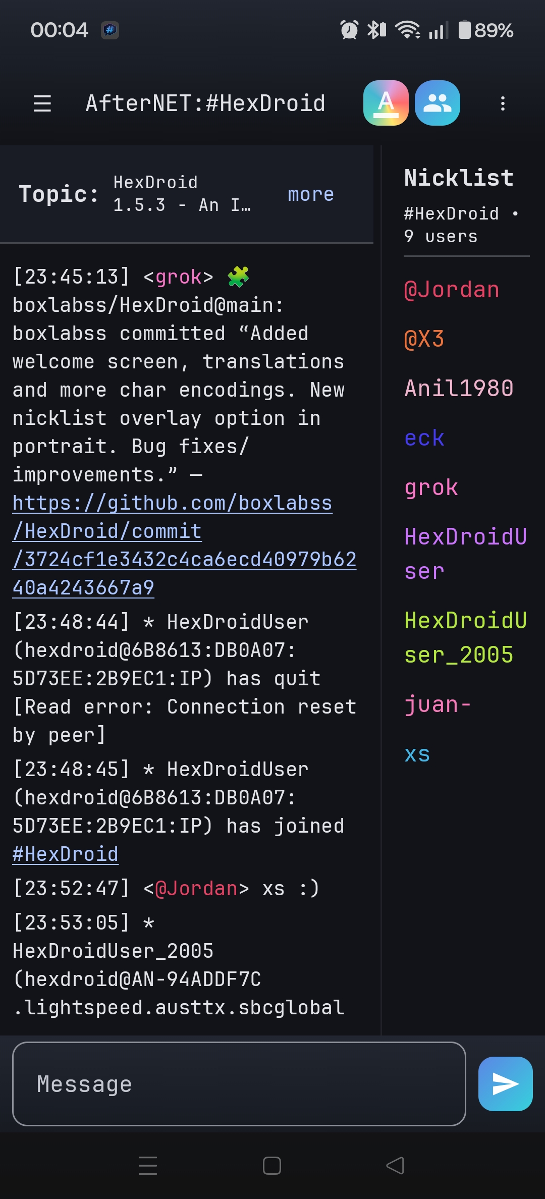 HexDroid IRC screenshot